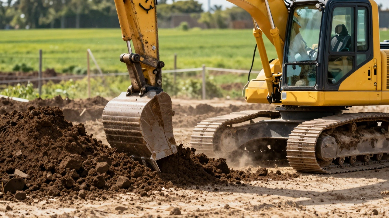Строительная техника перемещает грунт на земельном участке