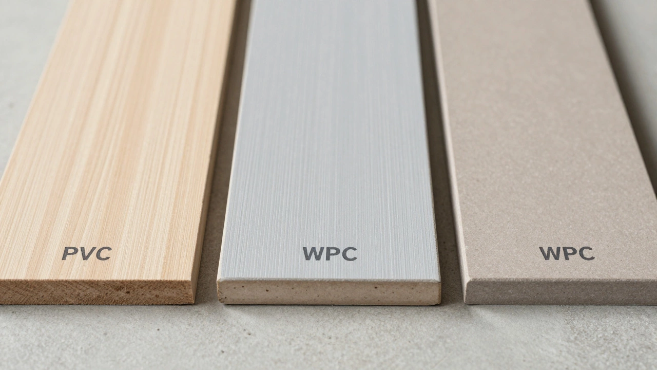 Три вида напольных материалов для веранды: композит, ПВХ и WPC-плитка, расположенные рядом.