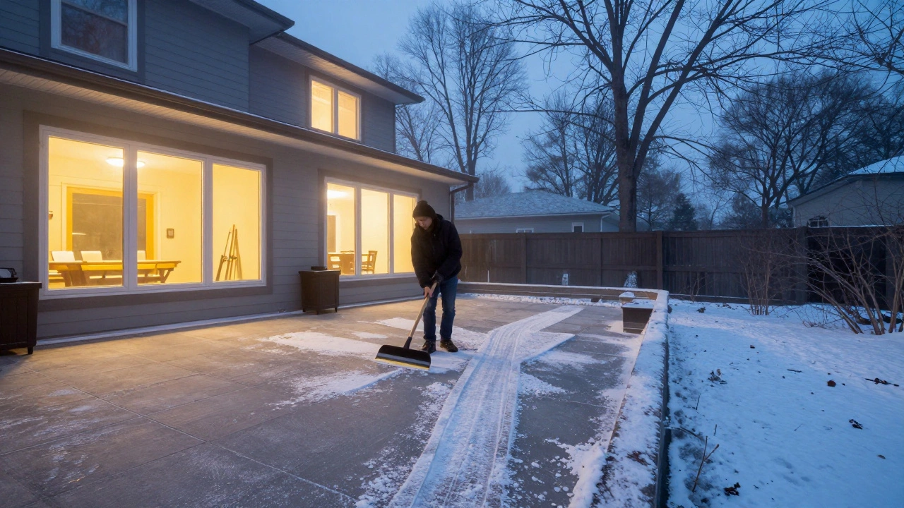 Уборка снега резиновым скребком на зимней террасе
