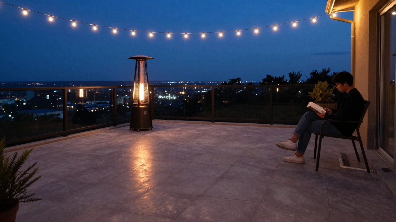 Вечерняя веранда с WPC-плиткой, человек с книгой и мягким светом подсветки.