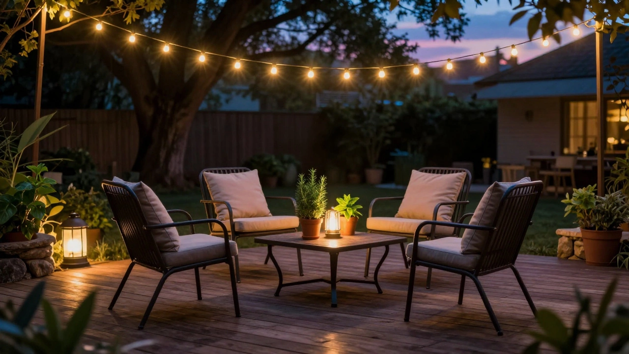 Вечерний патио с освещением и горшечными растениями