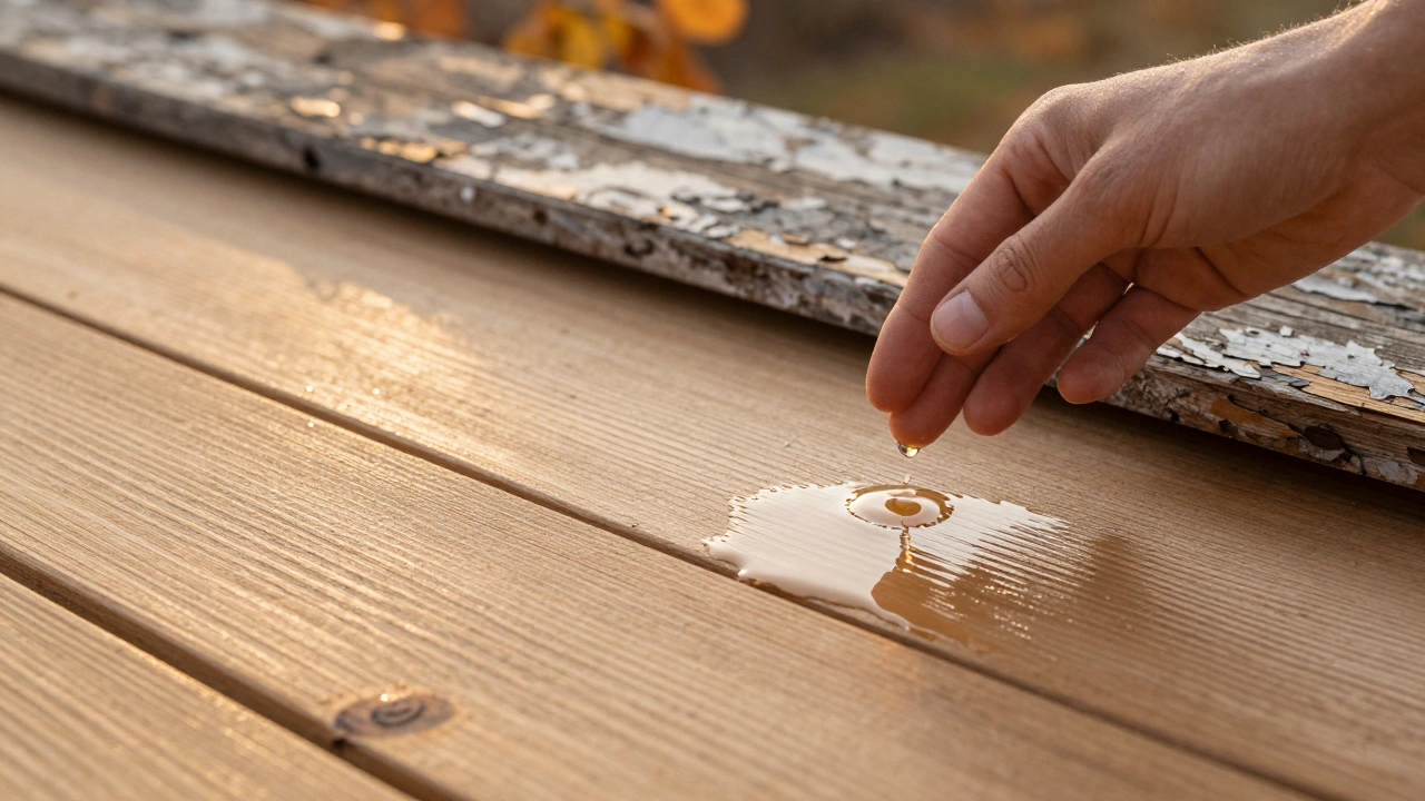 Восстановленная терраса: капля воды не впитывается, а стекает по поверхности, покрытой пропиткой.