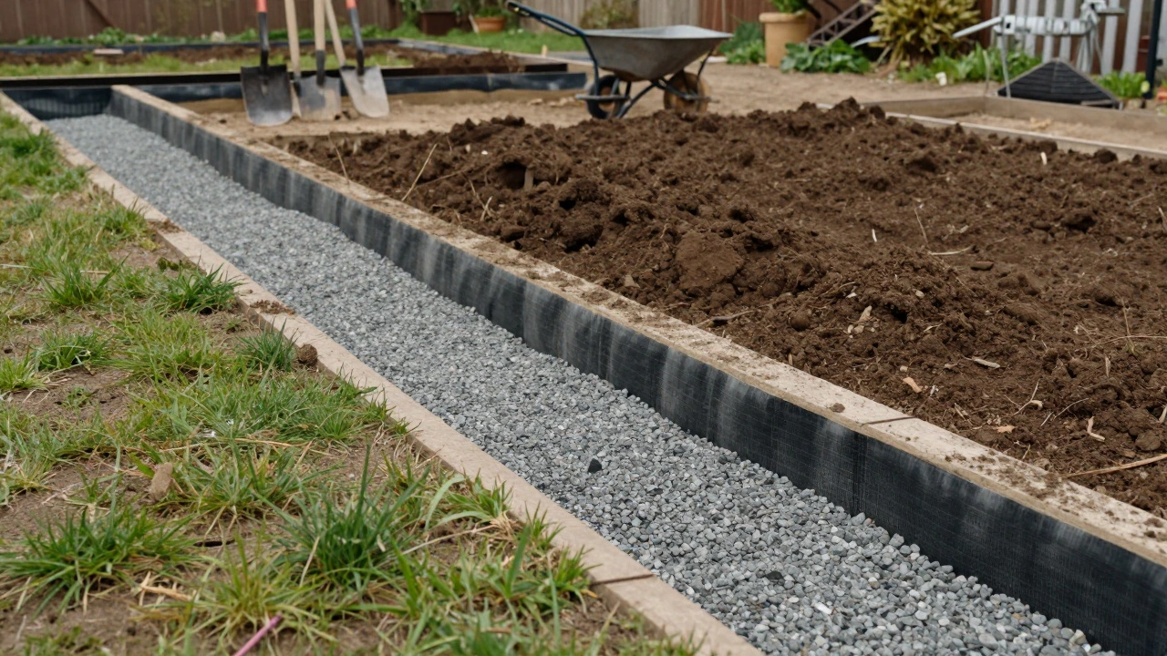 Земляные работы на участке: траншеи с гравием для дренажа и инструменты.