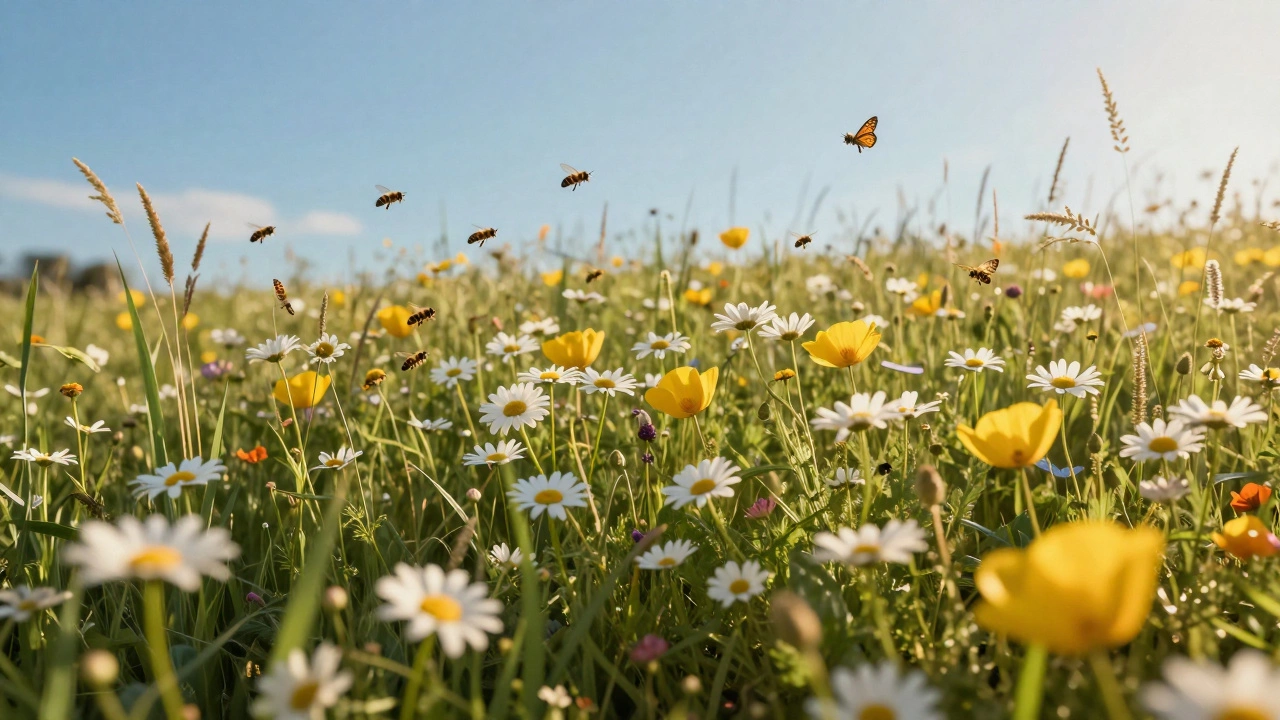 Цветущий природный луг с полевыми цветами, пчелами и бабочками