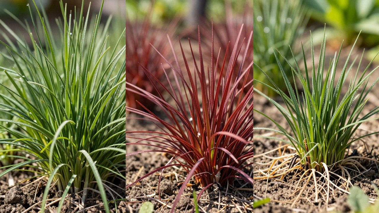 Крупный план различных видов устойчивых газонных трав с каплями росы