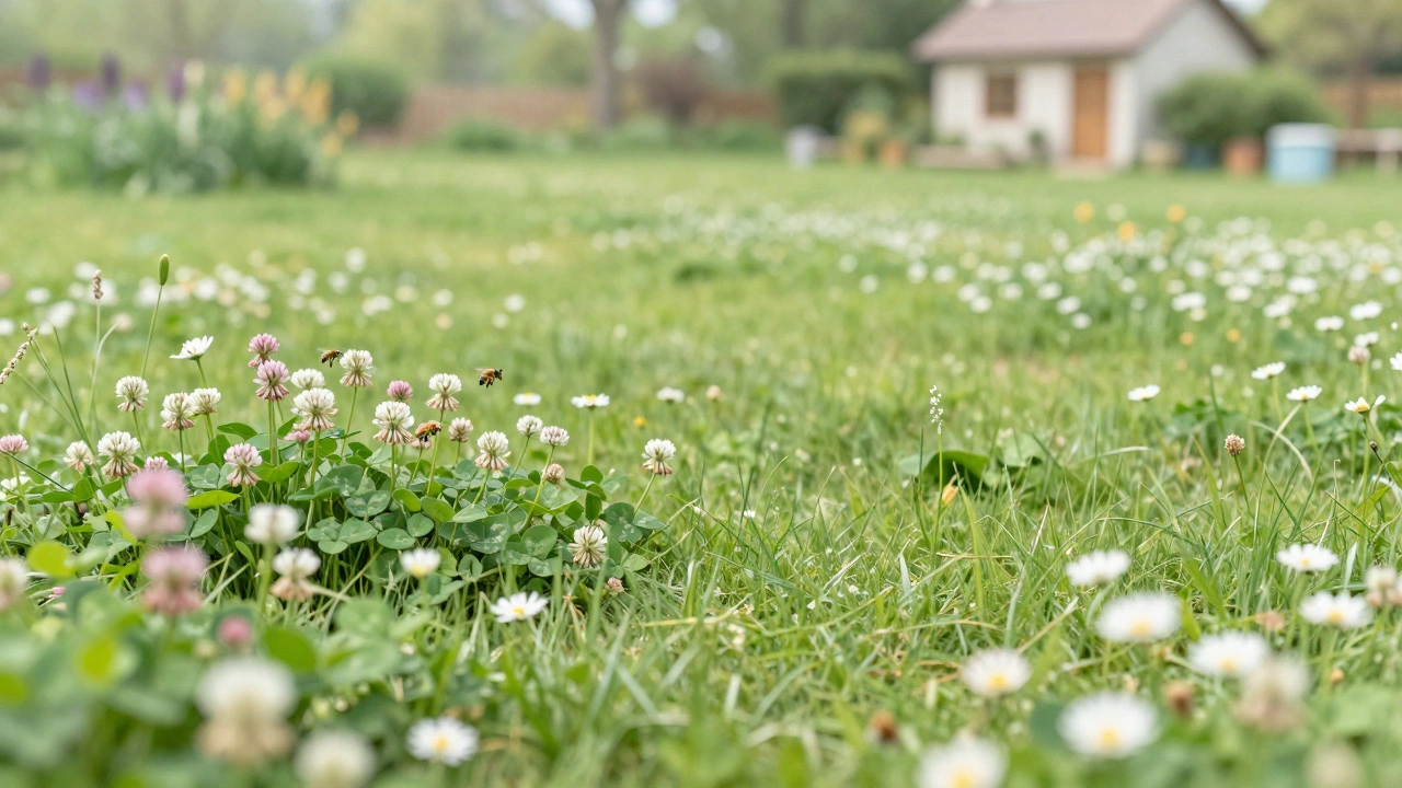 Луговой газон с клевером и маргаритками в естественном природном стиле