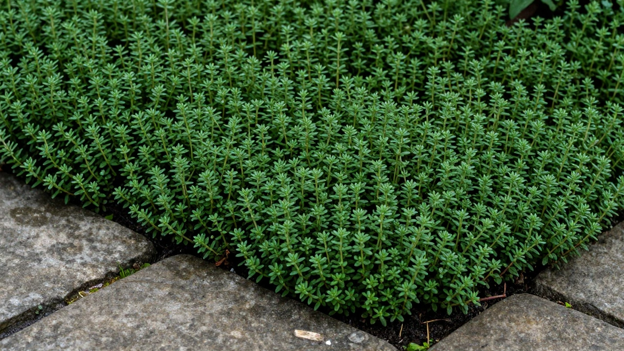 Плотный ковер из тимьяна, растущий между садовыми каменными плитками