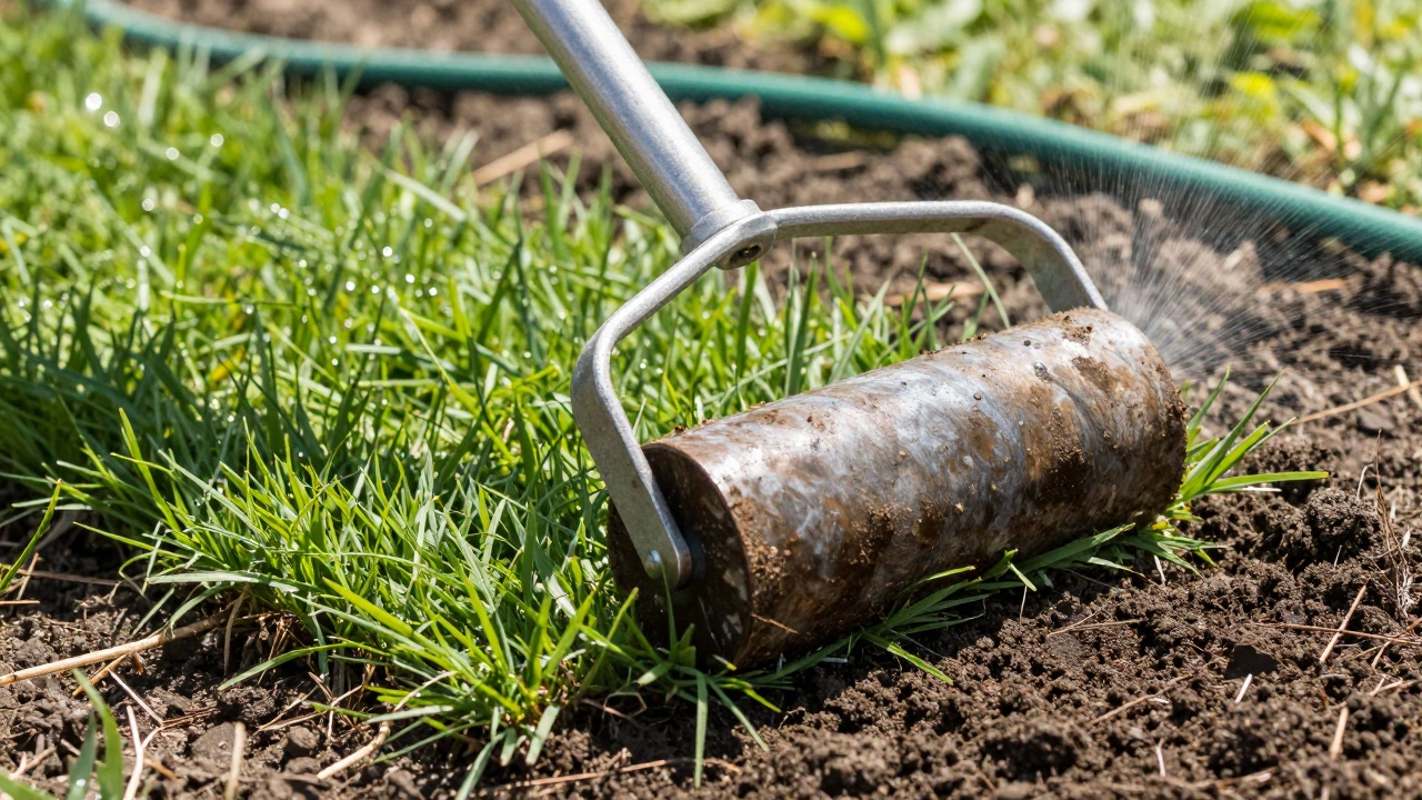 Прикатка рулонного газона садовым катком для плотного прилегания к влажной земле