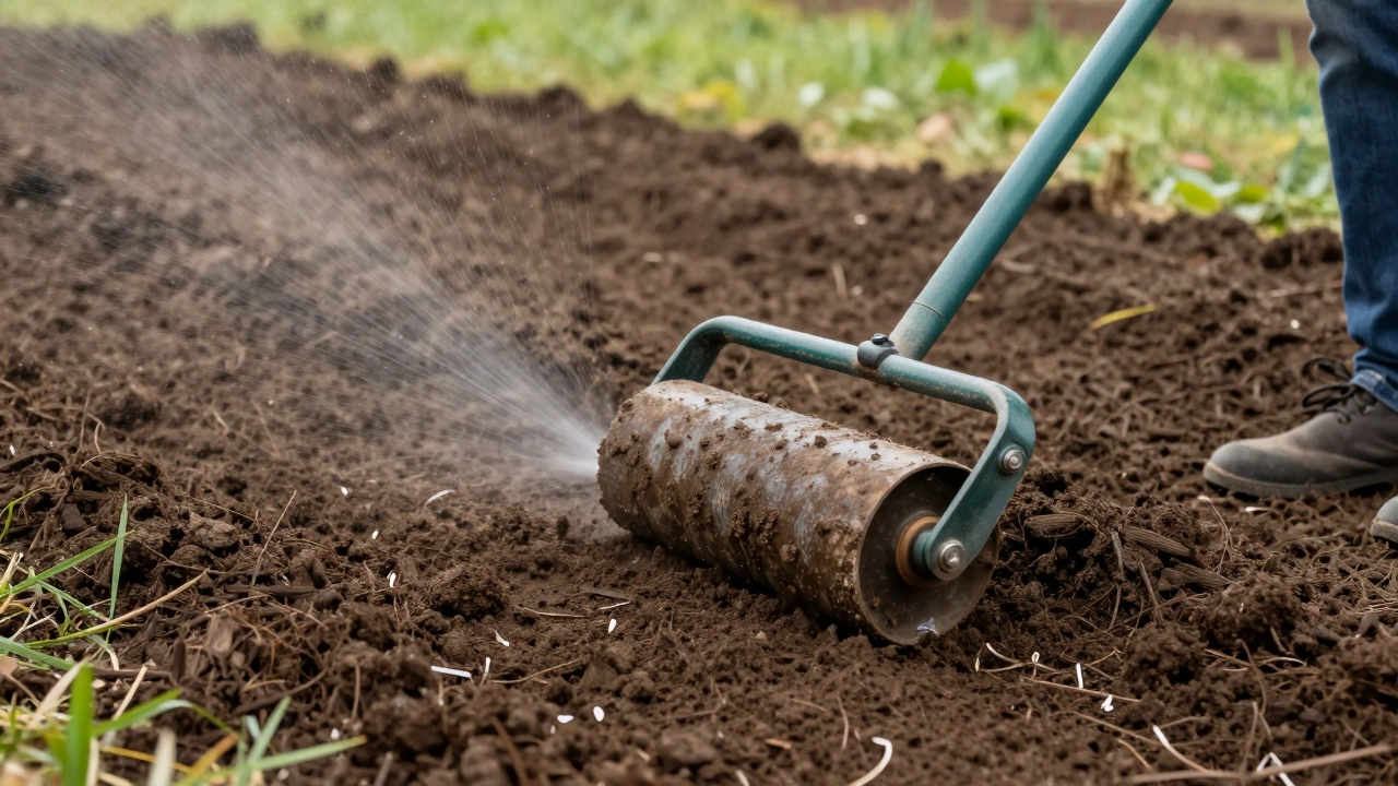 Процесс прикатки семян газона катком для создания плотного слоя