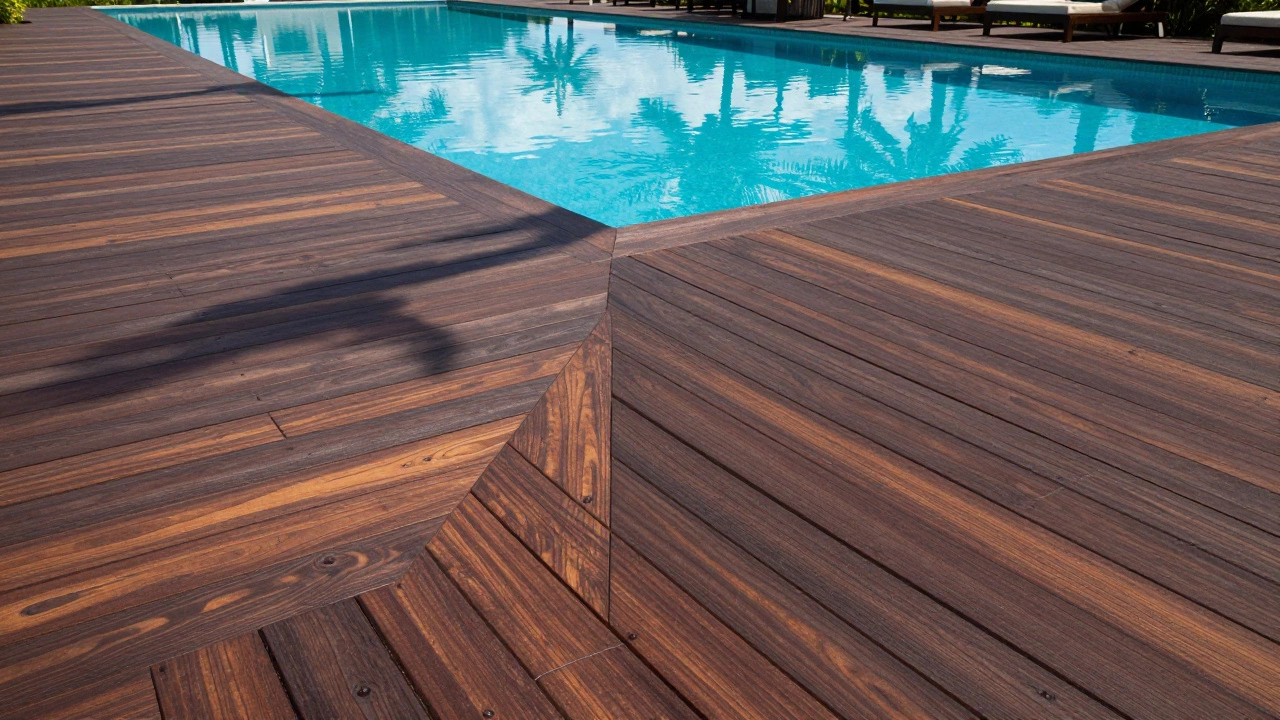 Роскошная терраса из темного дерева ипе у бассейна