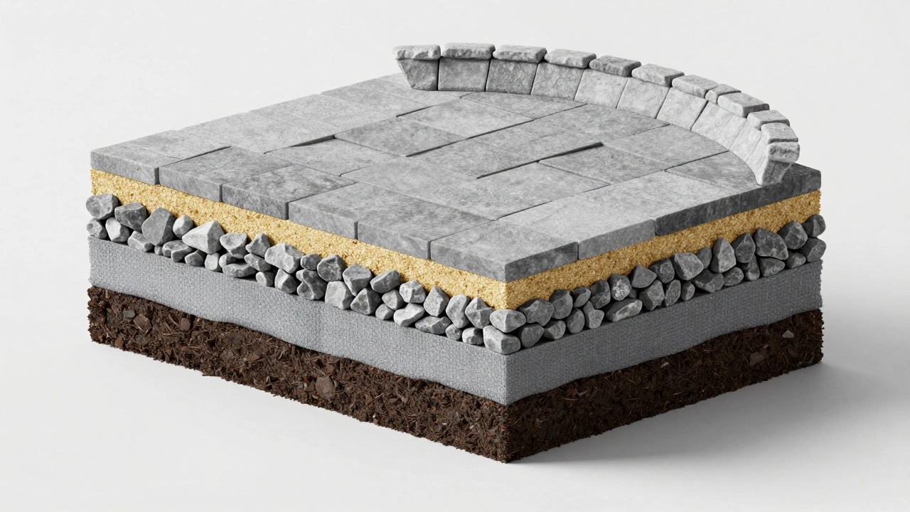 Схема слоев основания дорожки: грунт, геотекстиль, щебень, песок и плитка
