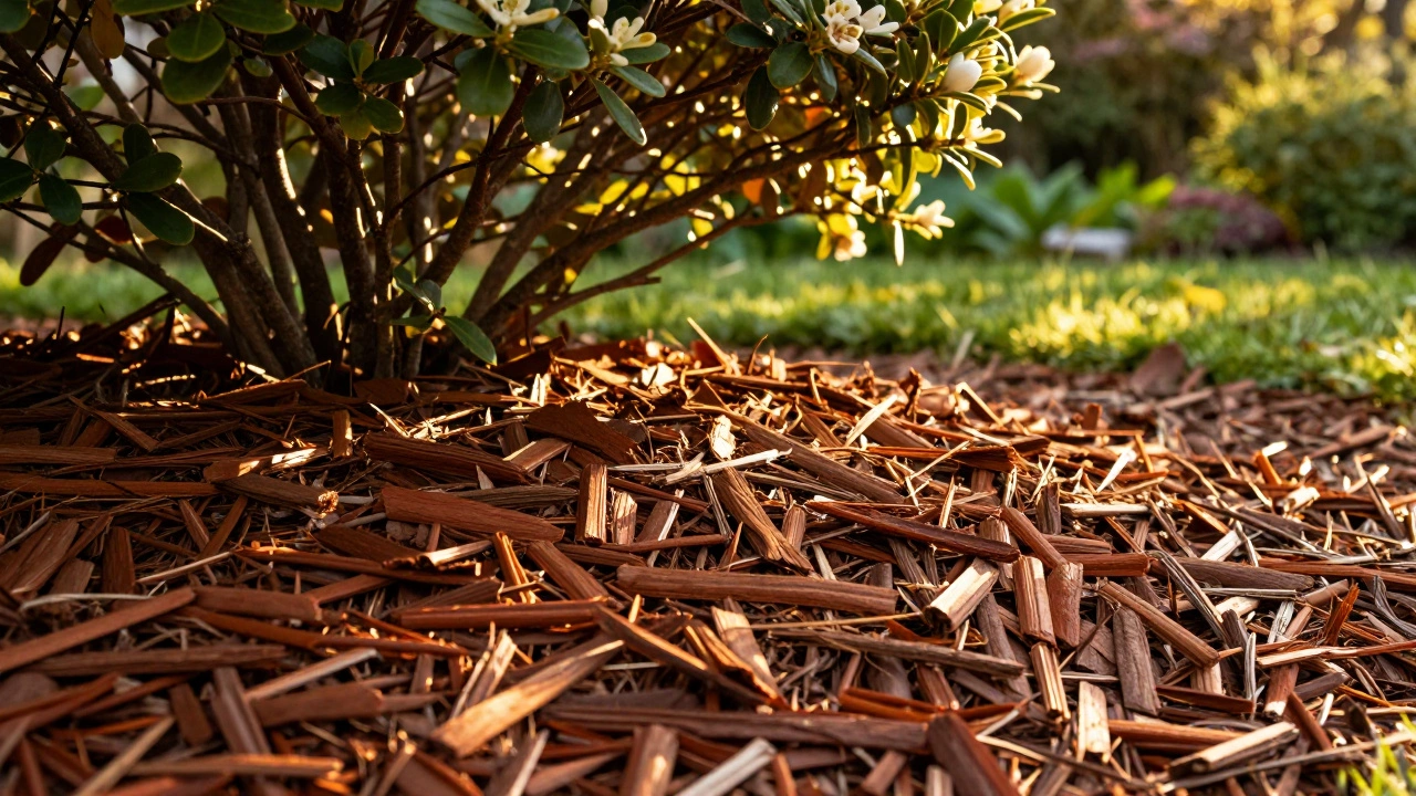 Слой сосновой коры вокруг садового кустарника для защиты от сорняков