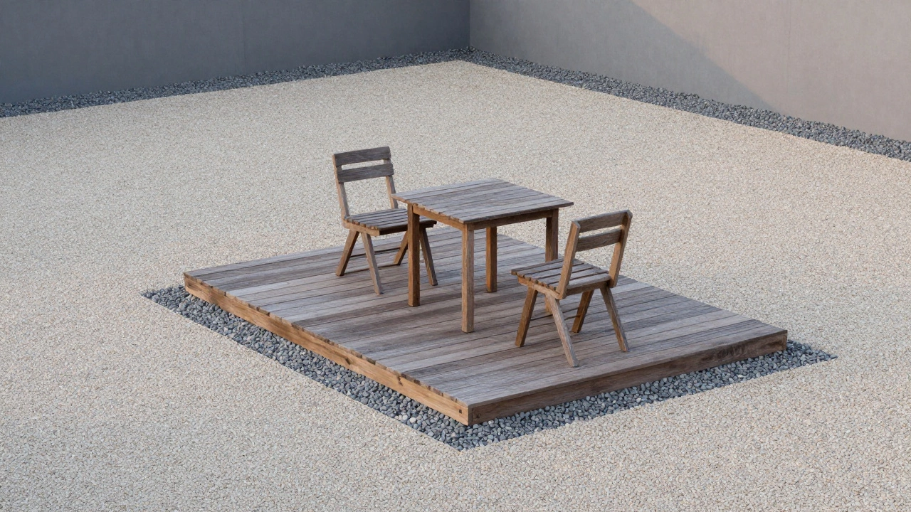 Современная полу-терраса с деревянным подиумом и зоной из гравия