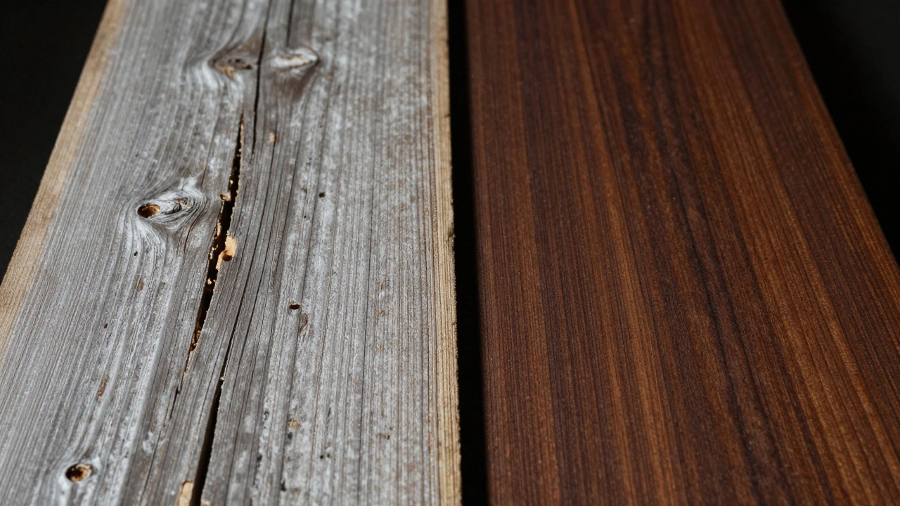 Сравнение гниющей сосновой доски и прочной термодревесины