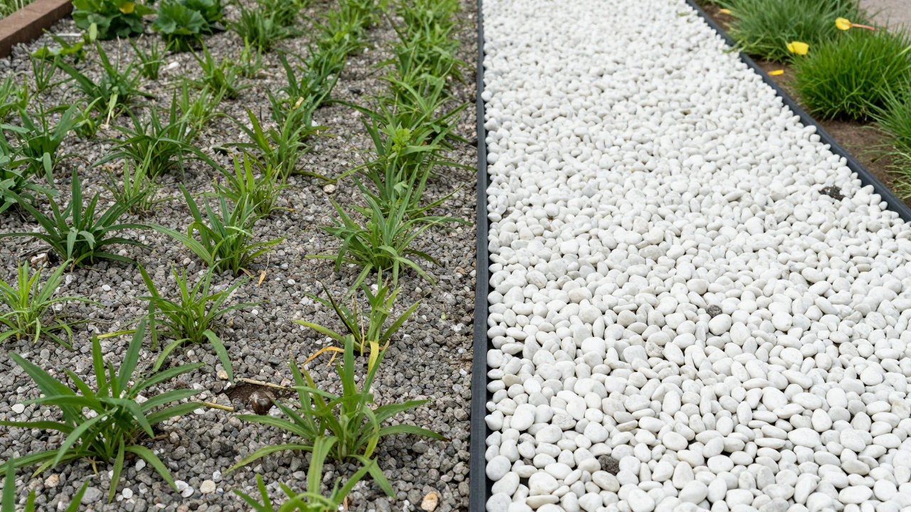 Сравнение заросшей гравийной дорожки и чистой дорожки с защитным слоем