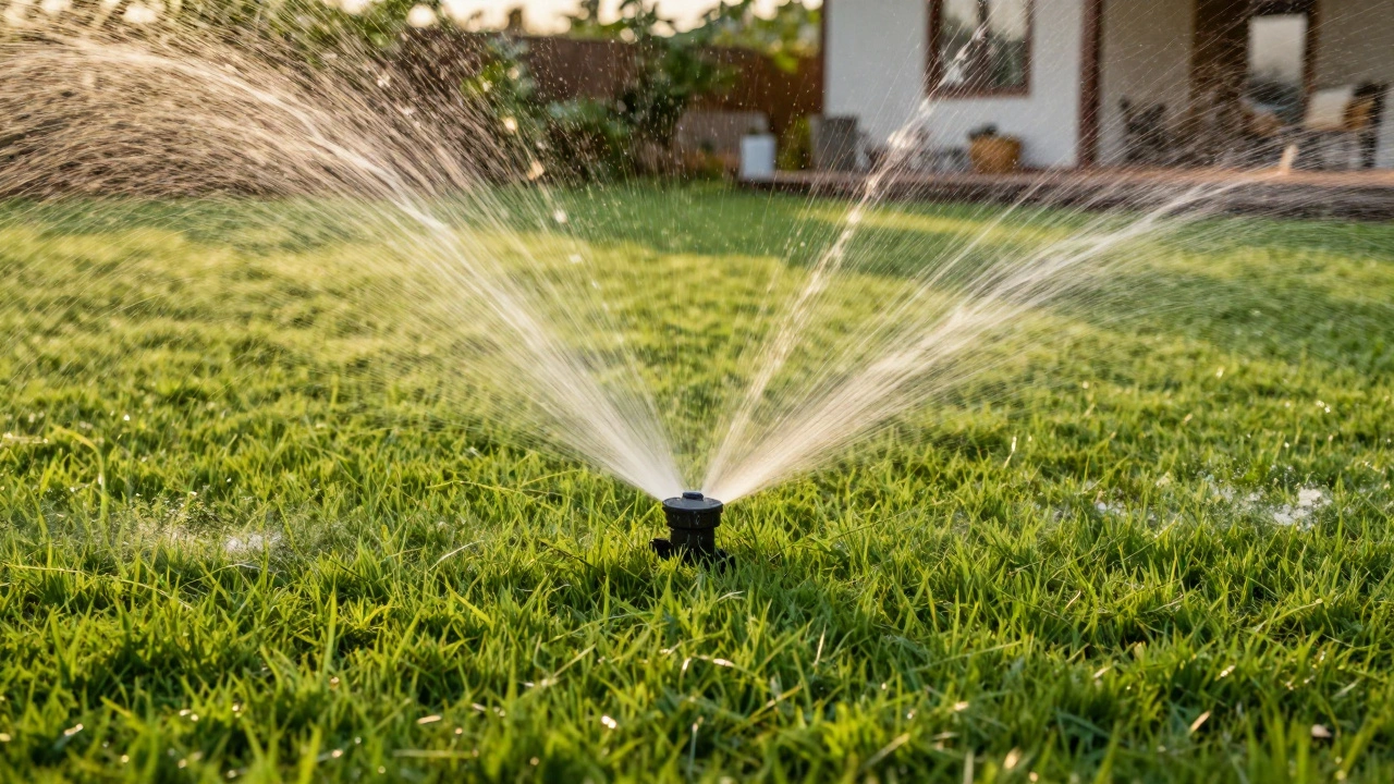 Зеленый ухоженный газон с работающей системой автоматического полива в лучах вечернего солнца