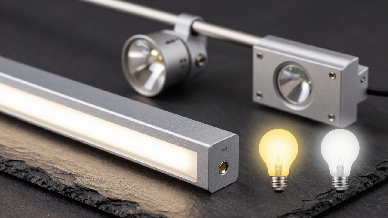 Набор светильников для кухни: LED-профили и споты на темном фоне